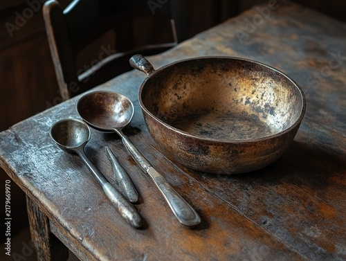 Vintage cooking utensils on a rustic wooden table