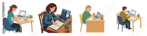 Illustrations of people working and studying on laptops at desks with notebooks and coffee