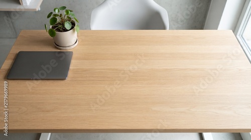  Wood desk workspace flat lay with plant and notebook copy space
