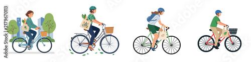 People riding bicycles with grocery bags for sustainable urban transportation flat vector illustration set.
