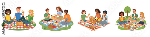 Set of diverse groups of friends enjoying picnics outdoors on grass.