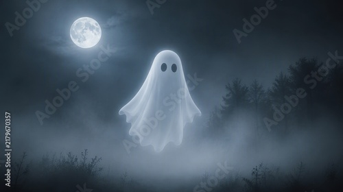 Eerie Night Scene with a Friendly Ghost Figure in a Misty Forest