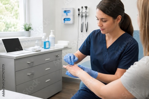 Nurse applying hydrogel treatment to minor hand burn in a clinic