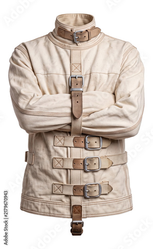 front view of vintage canvas asylum straitjacket with crossed arms and leather buckle straps on a transparent background