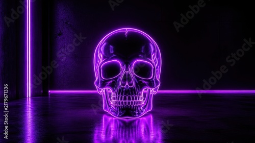 Glowing purple neon skull sculpture with vibrant reflections and dark background for modern art display