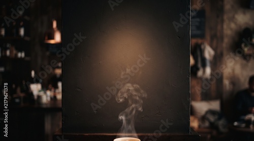Rising steam smoke on dark bar background, moody cinematic coffee aroma haze texture with copy space for posters, menus, and overlays