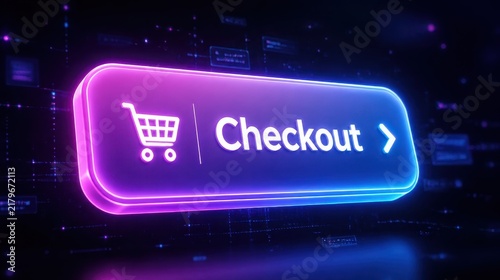 Neon Digital Checkout Button with Shopping Cart Icon for Online Shopping