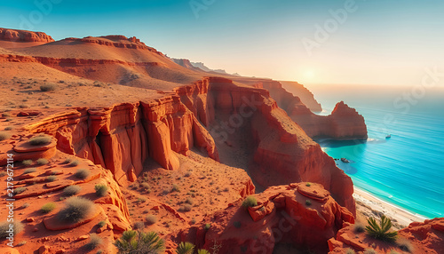 Red rock cliffs overlooking turquoise ocean at sunset, coastal landscape scenery.