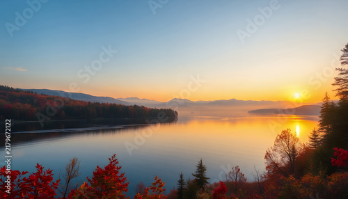 Autumn sunrise over a calm lake with vibrant fall foliage and mountain view