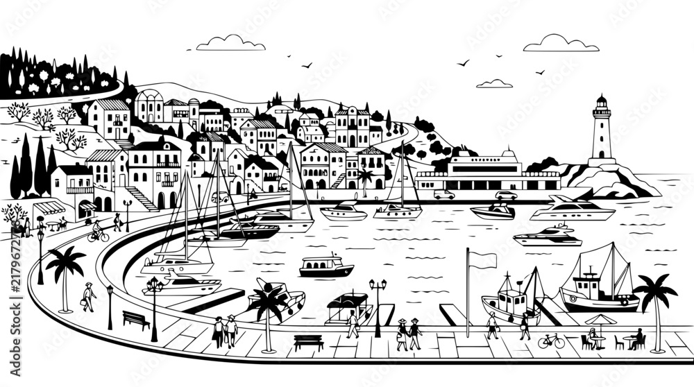 Fototapeta premium Coastal Town Harbor Scene with Boats, Lighthouse, and People Enjoying a Sunny Day