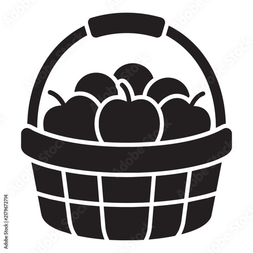 Black silhouette vector icon of a harvest basket full of fresh apples