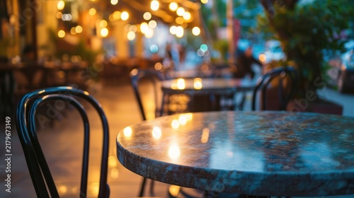 empty table marble blur background of street cafe with bokeh light, Advertisement, Print media, Illustration, Banner, for website, copy space, for word, template, presentation