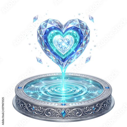 Glowing blue crystal heart floating above a magical ornate water fountain pedestal