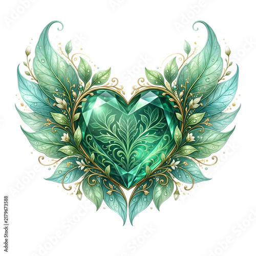 Emerald heart gemstone with ornate botanical leaves and wings isolated on white background