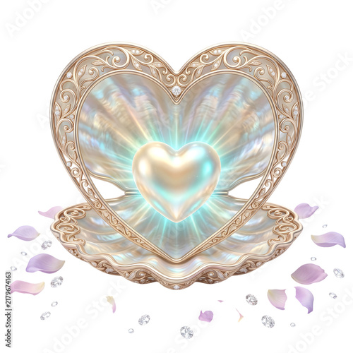 Heart shaped pearl inside ornate golden shell with glowing light and flower petals
