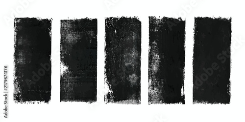 Five dark black ink textured rectangles arranged in a horizontal row with ink rectangle grunge block black shape distressed patch textured surface paint mark graphic element abstract