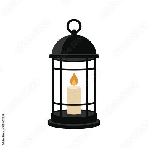 Black Lantern with Lit Candle Flat Vector Illustration