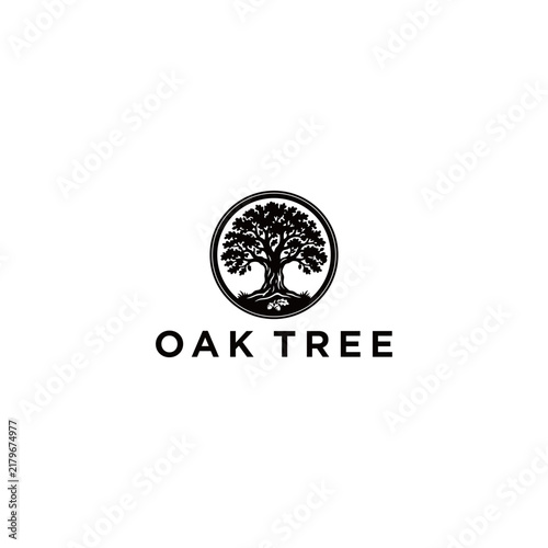 Majestic oak tree logo design with roots and acorns inside a circular badge, black and white vector illustration for business branding, environment, or agriculture.