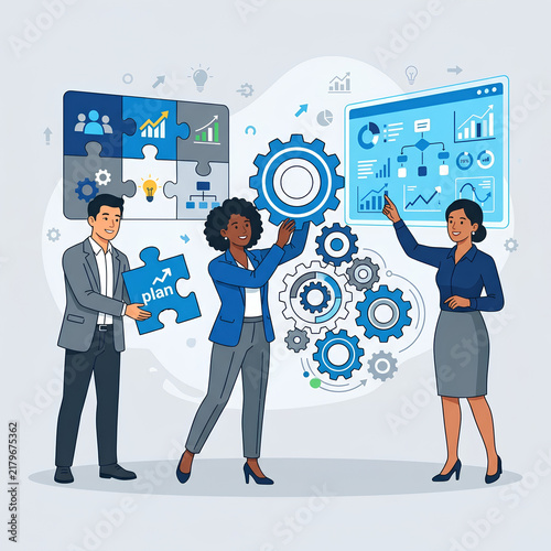 Business Professionals Collaborating on Strategic Goal Flat Vector Illustration