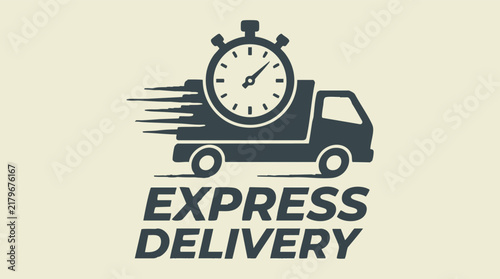 Konstfotografi Express delivery truck with stopwatch icon, fast shipping service concept