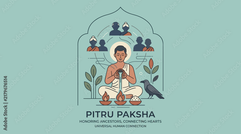 Fototapeta premium Pitru Paksha Hindu ritual illustration with man offering prayers to ancestors and spirits