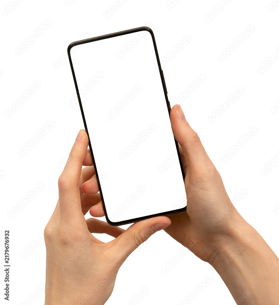 Obraz premium Two hands holding smartphone mockup isolated on white background. Mobile cell phone display template