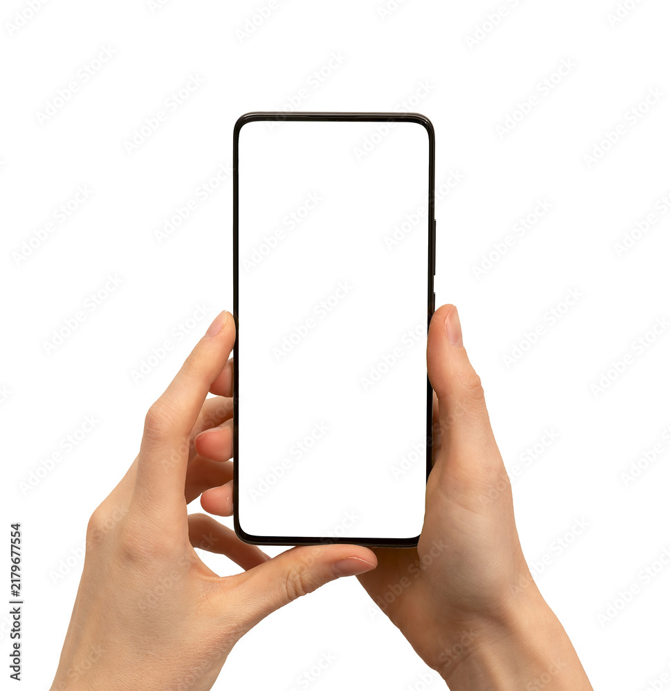 Obraz premium Mobile smartphone in hands mockup vertical isolated on white background. Cell phone blank display