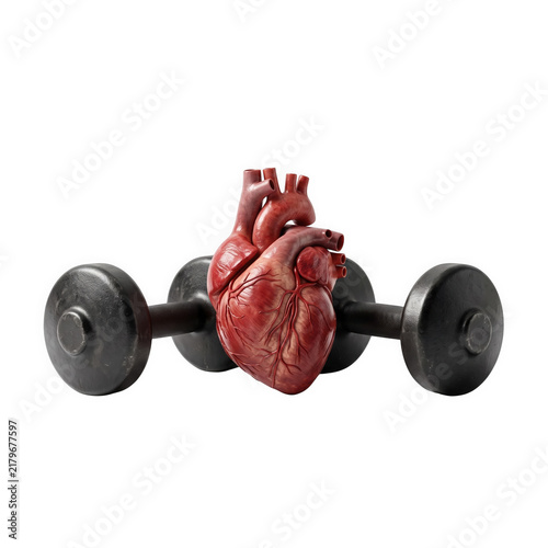 Anatomical heart model resting on dumbbell weights