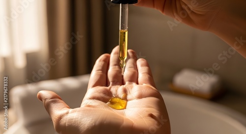 A close-up shot of a hand receiving drops of golden liquid from a glass dropper, suggesting skincare or self-care routine.