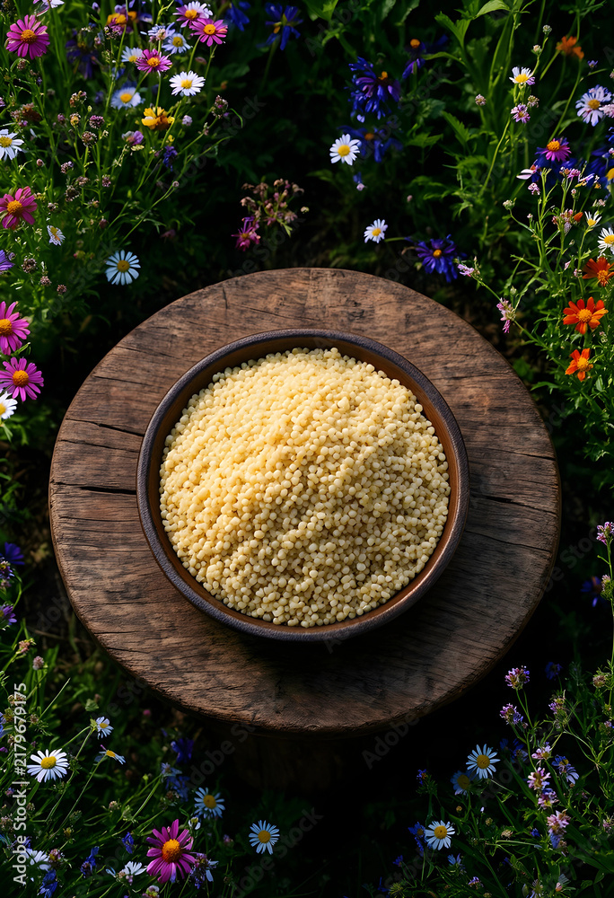 Obraz premium Healthy nutrition and organic food, bowl of raw couscous grains on a rustic wooden stump surrounded by a colorful summer meadow with wildflowers