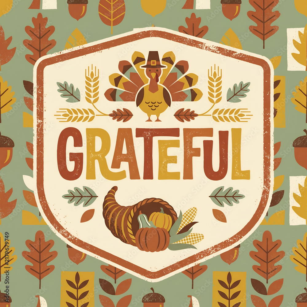 Retro folk art thanksgiving graphic badge featuring a turkey cartoon wheat stalks cornucopia and grateful text overlay on seamless autumn leaf background
