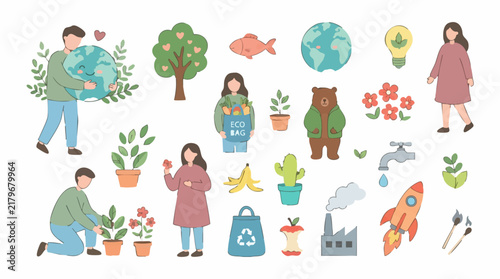 Ecological Elements and Environmental Conservation Line Art Illustrations Set