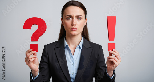 Doubt and confidence. A businesswoman holds a question mark and an exclamation mark.