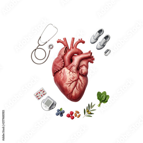 Anatomical heart surrounded by medical equipment