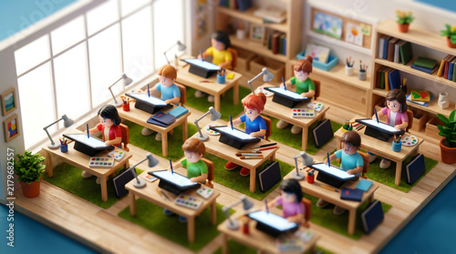 Isometric 3D children learning digital art in a modern classroom