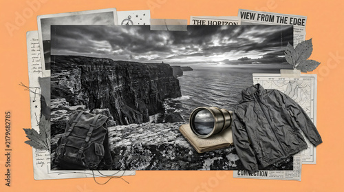 Vintage Travel Collage featuring Coastal Cliffs and Hiking Gear