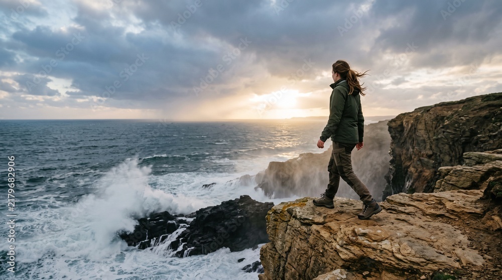 Fototapeta premium Adventurous Woman Standing on a Dramatic Wild Ocean Cliff