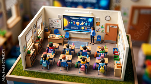 Isometric 3D Diorama of Modern Elementary Classroom Solar System Lesson