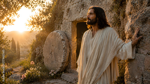 Jesus christ standing outside the empty tomb at sunrise, representing the resurrection and hope in a serene landscape