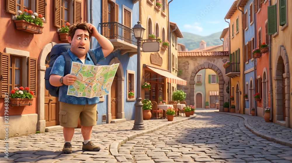 Fototapeta premium 3D stylized confused tourist holding paper map upside down on old European street