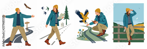 Set of flat illustrations depicting a young woman enjoying outdoor adventures, hiking, bird watching, and exploring nature across different scenic landscapes.