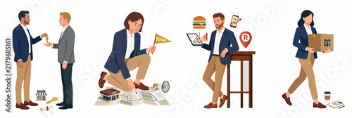 Flat illustration set featuring business professionals managing real estate transactions, strategic research, digital food services, and office relocation on a white background.