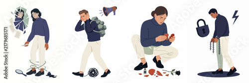 Flat vector illustrations depicting various mental health challenges, emotional burdens, heartbreak, and psychological struggles faced by individuals.