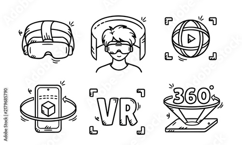 Set of hand drawn virtual reality icons featuring headsets and 360 degree video technology.