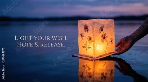 Hand Releasing Glowing Paper Lantern onto Water for Light and Peace