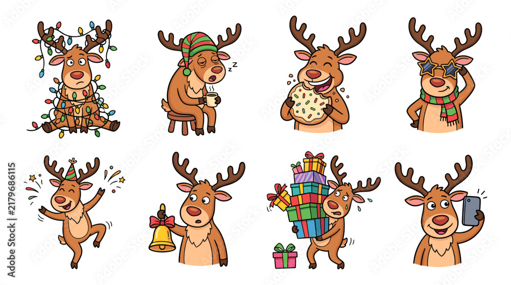 Fototapeta premium Montage of reindeer celebrating winter holidays with various activities