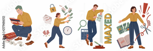 Set of illustrations depicting financial stress, credit card debt, overspending, and the struggle to manage personal finances and money problems.