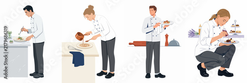 Flat vector illustrations of professional male and female chefs preparing, plating, and presenting gourmet dishes in a restaurant kitchen environment.