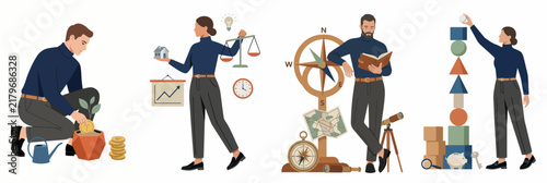 Set of business and financial character illustrations representing growth, investment strategy, work-life balance, and goal achievement in a flat design style.