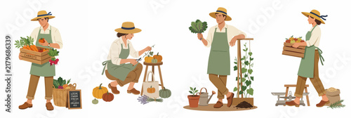 Set of four illustrations featuring male and female farmers harvesting fresh vegetables and fruits, wearing aprons and straw hats on a white background.